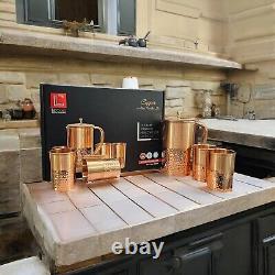 100% Pure Copper Water Pitcher Jug 1 and 4 Copper Glasses Table Top for family