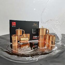 100% Pure Copper Water Pitcher Jug 1 and 4 Copper Glasses Table Top for family