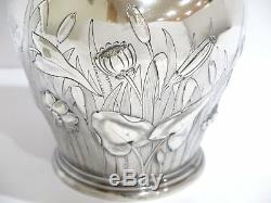 13 1/8 in Coin Silver Gorham Antique Flower Cattail Decorated Water Pitcher