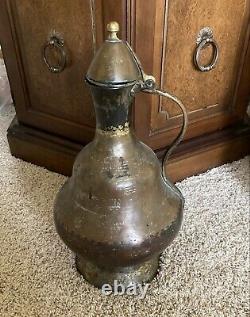 17 Middle Eastern Handcrafted Dovetail Copper on Tin Lidded Water Jug Pitcher