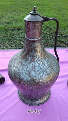 17 Turkish Handcrafted Copper Tin Lidded Water Jug Pitcher Primitive Hammered @