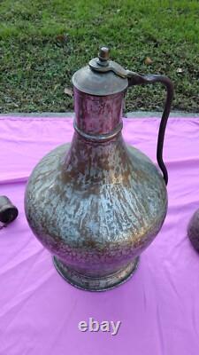 17 Turkish Handcrafted Copper Tin Lidded Water Jug Pitcher Primitive Hammered @