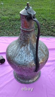 17 Turkish Handcrafted Copper Tin Lidded Water Jug Pitcher Primitive Hammered @