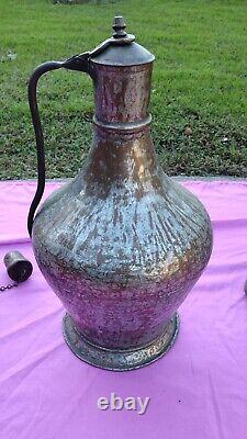 17 Turkish Handcrafted Copper Tin Lidded Water Jug Pitcher Primitive Hammered @