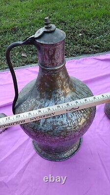 17 Turkish Handcrafted Copper Tin Lidded Water Jug Pitcher Primitive Hammered @