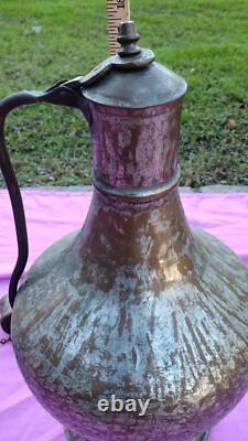 17 Turkish Handcrafted Copper Tin Lidded Water Jug Pitcher Primitive Hammered @