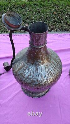17 Turkish Handcrafted Copper Tin Lidded Water Jug Pitcher Primitive Hammered @