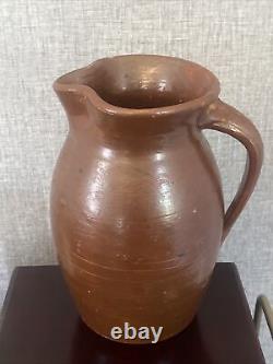 1800's ANTIQUE BROWN STONEWARE WATER PITCHER JUG With HANDLE VINTAGE PRIMITIVE