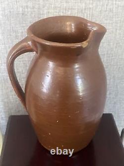 1800's ANTIQUE BROWN STONEWARE WATER PITCHER JUG With HANDLE VINTAGE PRIMITIVE