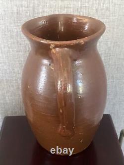 1800's ANTIQUE BROWN STONEWARE WATER PITCHER JUG With HANDLE VINTAGE PRIMITIVE