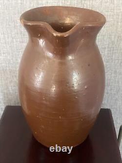 1800's ANTIQUE BROWN STONEWARE WATER PITCHER JUG With HANDLE VINTAGE PRIMITIVE