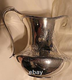 1895, Meriden Britannia Sterling Water Pitcher/jug Hand Chased Low Squat & Wide
