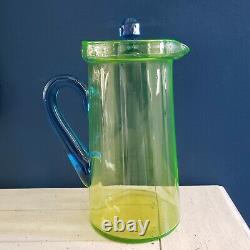 1920s Tiffin Water Jug Pitcher w Lid Green Uranium Glass w Blue Handle