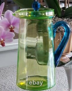 1920s Tiffin Water Jug Pitcher w Lid Green Uranium Glass w Blue Handle