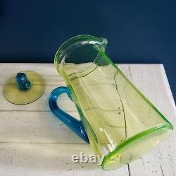 1920s Tiffin Water Jug Pitcher w Lid Green Uranium Glass w Blue Handle