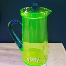 1920s Tiffin Water Jug Pitcher w Lid Green Uranium Glass w Blue Handle