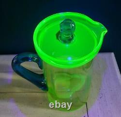 1920s Tiffin Water Jug Pitcher w Lid Green Uranium Glass w Blue Handle