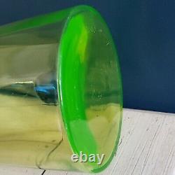 1920s Tiffin Water Jug Pitcher w Lid Green Uranium Glass w Blue Handle