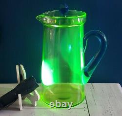 1920s Tiffin Water Jug Pitcher w Lid Green Uranium Glass w Blue Handle