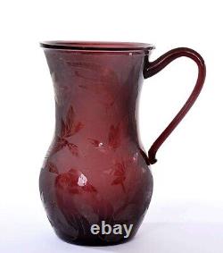 1930's Chinese Purple Amethyst Etched Peking Glass Water Pitcher Ewer Jug Vase