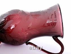 1930's Chinese Purple Amethyst Etched Peking Glass Water Pitcher Ewer Jug Vase