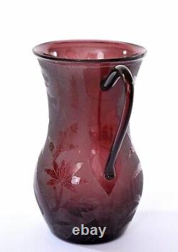 1930's Chinese Purple Amethyst Etched Peking Glass Water Pitcher Ewer Jug Vase