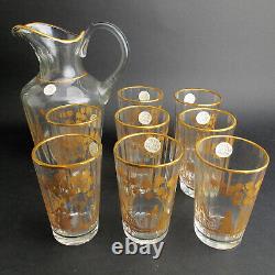 19c Bohemian Set of 8 Antique Gilt Decorated Water Glass Tumblers with Pitcher Jug