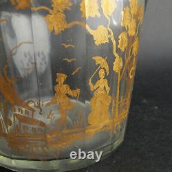 19c Bohemian Set of 8 Antique Gilt Decorated Water Glass Tumblers with Pitcher Jug