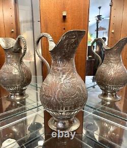 19th Century Antique Persian Intricately Engraved Tinned Copper Ewer Water Jug