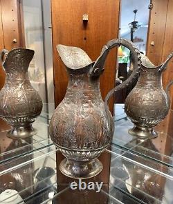 19th Century Antique Persian Intricately Engraved Tinned Copper Ewer Water Jug