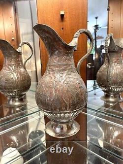 19th Century Antique Persian Intricately Engraved Tinned Copper Ewer Water Jug