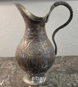 19th Century Antique Persian Intricately Engraved Tinned Copper Ewer Water Jug