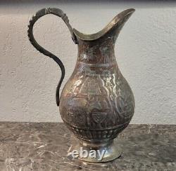 19th Century Antique Persian Intricately Engraved Tinned Copper Ewer Water Jug