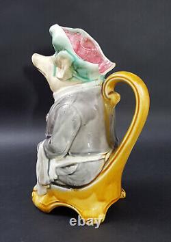 19th Century French Hand Painted Ceramic Barbotine Pig Pitcher By Onnaing