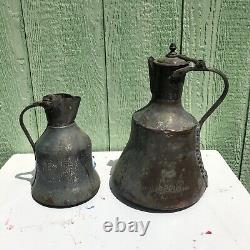 (2) Middle Eastern Turkish Antique Handcrafted Copper Water Pitcher Jug