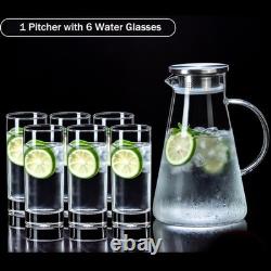 7-Pcs Glass Pitcher Set Jug with 6 Water Glasses Tumbler Cups Lid Carafe Jug