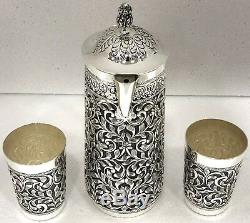 925 Sterling Silver Antique Repousse Water Jug Set 2 Glasses Decorative