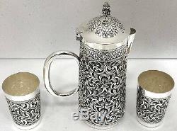 925 Sterling Silver Antique Repousse Water Jug Set 2 Glasses Decorative