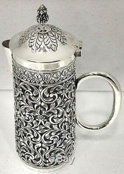 925 Sterling Silver Antique Repousse Water Jug Set 2 Glasses Decorative