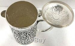 925 Sterling Silver Antique Repousse Water Jug Set 2 Glasses Decorative