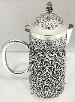 925 Sterling Silver Antique Repousse Water Jug Set 2 Glasses Decorative