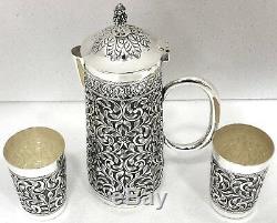 925 Sterling Silver Antique Repousse Water Jug Set 2 Glasses Decorative