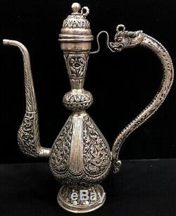 925 Sterling Silver Ewer Dragon Handle Water Jug Showpiece Floral Repoussé Home