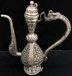 925 Sterling Silver Ewer Dragon Handle Water Jug Showpiece Floral Repoussé Home