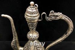 925 Sterling Silver Ewer Dragon Handle Water Jug Showpiece Floral Repoussé Home