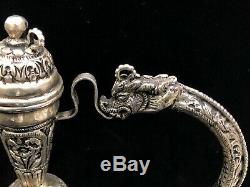 925 Sterling Silver Ewer Dragon Handle Water Jug Showpiece Floral Repoussé Home