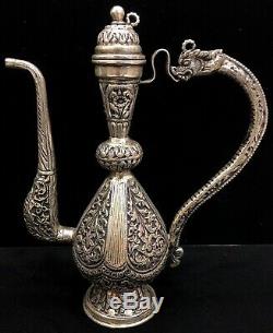 925 Sterling Silver Ewer Dragon Handle Water Jug Showpiece Floral Repoussé Home