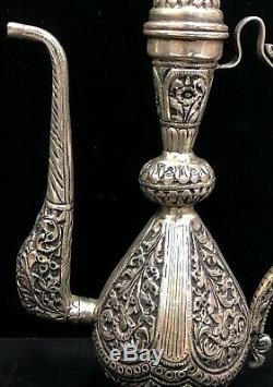 925 Sterling Silver Ewer Dragon Handle Water Jug Showpiece Floral Repoussé Home