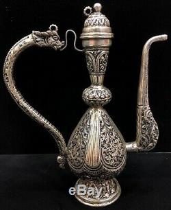 925 Sterling Silver Ewer Dragon Handle Water Jug Showpiece Floral Repoussé Home