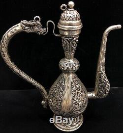 925 Sterling Silver Ewer Dragon Handle Water Jug Showpiece Floral Repoussé Home